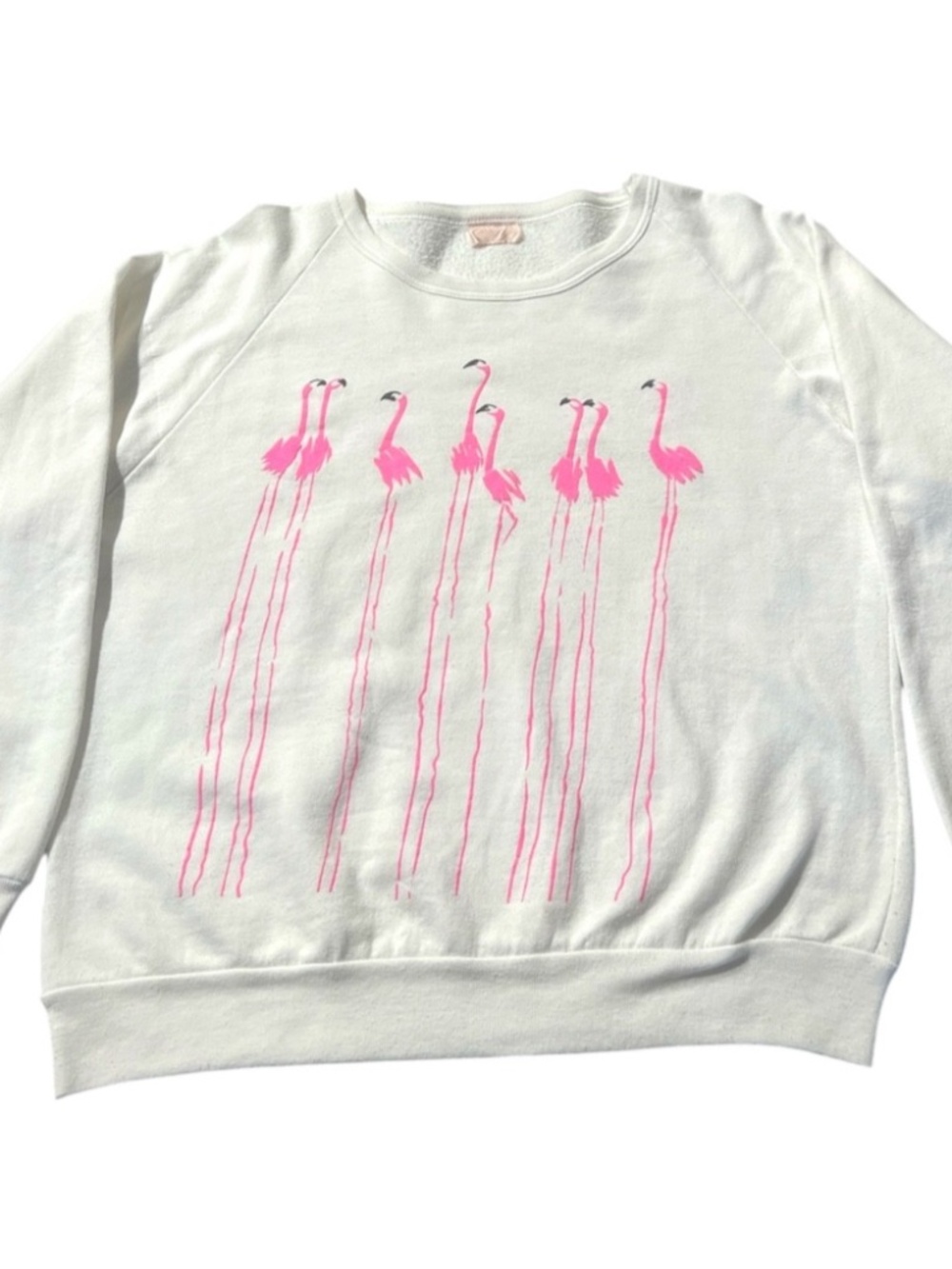 Vintage Pink Flamingo Puff Print Double Sided Graphic White Sweatshirt M